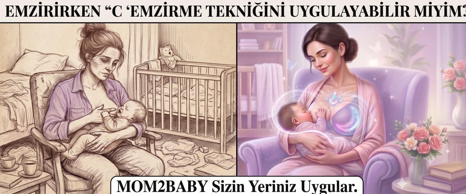 Yorgun anne ile Mom2Baby giyen huzurlu anne karşılaştırması: doğru C tutuşuyla rahat emzirme