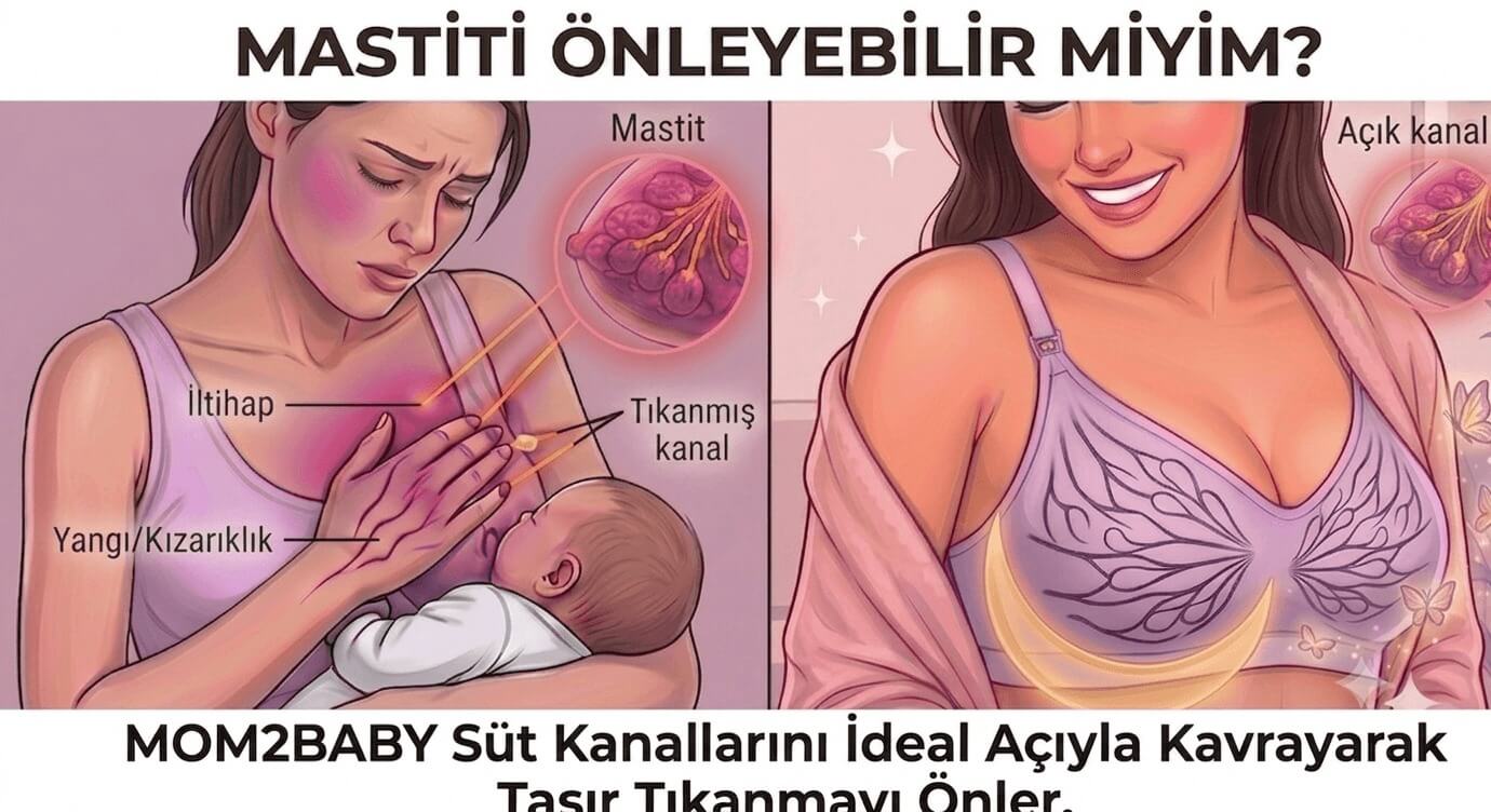 Mastit anlatımı: tıkanmış süt kanalları ve Mom2Baby'nin memeyi alttan ideal açıyla taşıması