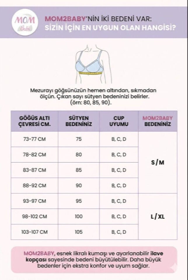 Mom2Baby ve Yeni İnci Emzirme Sütyeni Doğru 75-80-85-90-95 Beden Seçim Tablosu