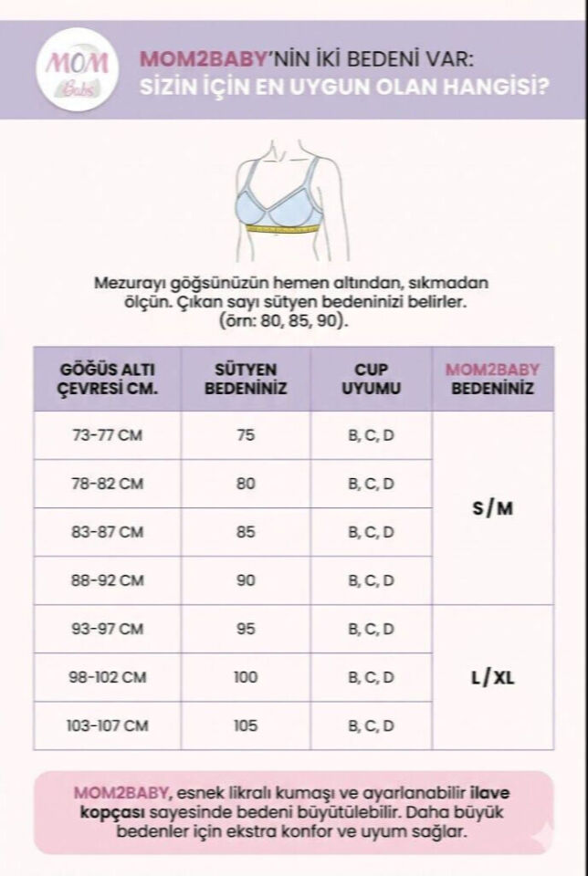 Yeni İnci Üretimi Mom2Baby Emziren Anne Sütyeni S-M-L-XL Beden Ölçü Tablosu