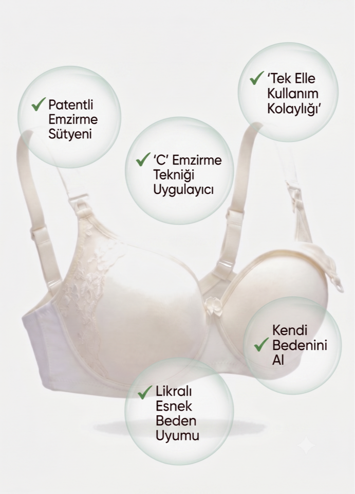 Mom2Baby Ekru 75-80-85-90-S-M beden Patentli Emzirme Sütyeni - Tek elle kullanım, C emzirme tekniği desteği ve likralı esnek yapı